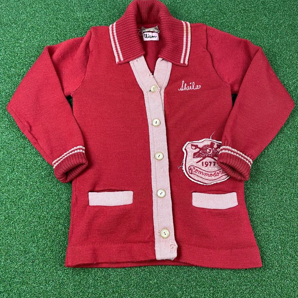 Vintage Broadway Knitting Mills Red Wool Sheila Varsity Cardigan Sweater Sz S